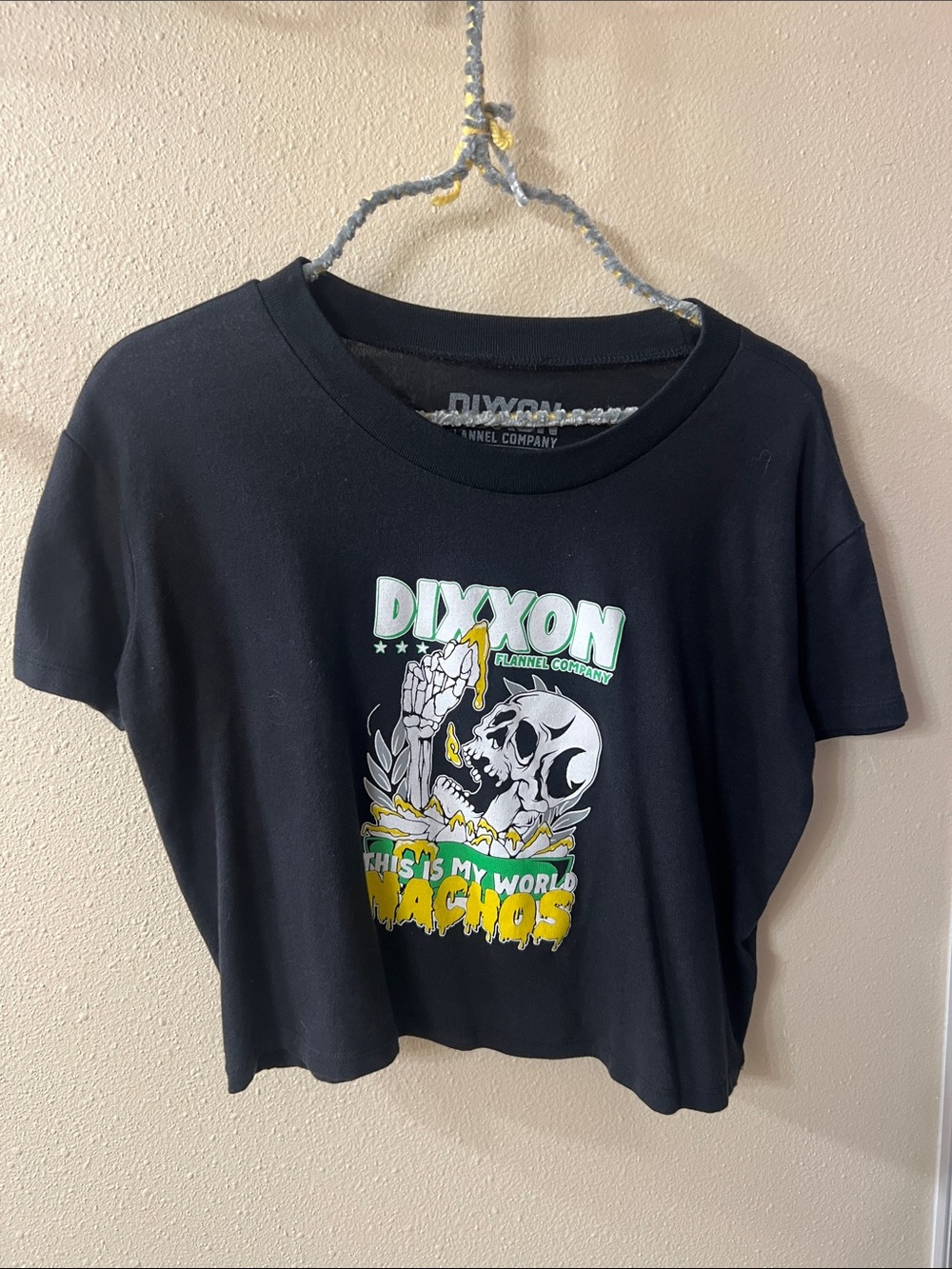 DIXXON Black Crop Tee with Yellow & Green Graphic